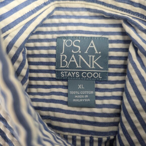 Jos A Bank Stays Cool Button Down Seersucker Shirt XL Blue White Striped Mens - Picture 10 of 12